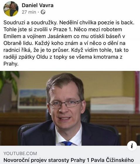 Daniel Vávra okomentoval projev Pavla Čižinského